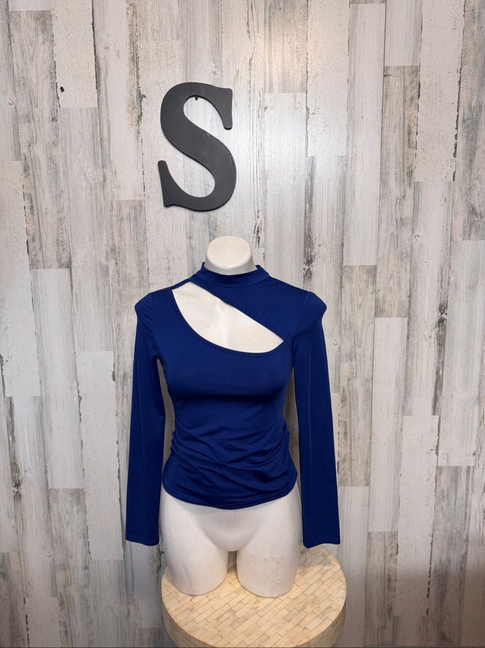 Royal Blue Asymmetrical Cutout Mock Neck Long Sleeve Top Womens Small Fitted Y2K